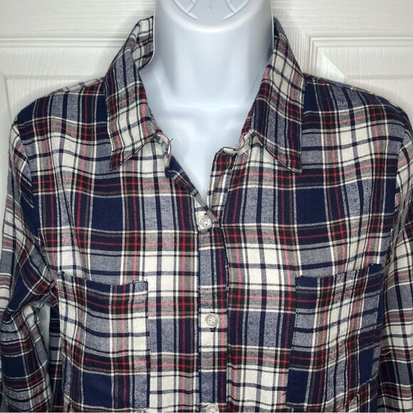 Say What? High Low Cotton Plaid Flannel Shirt Button Down Tunic Blue Red MJ NWT - Picture 3 of 11